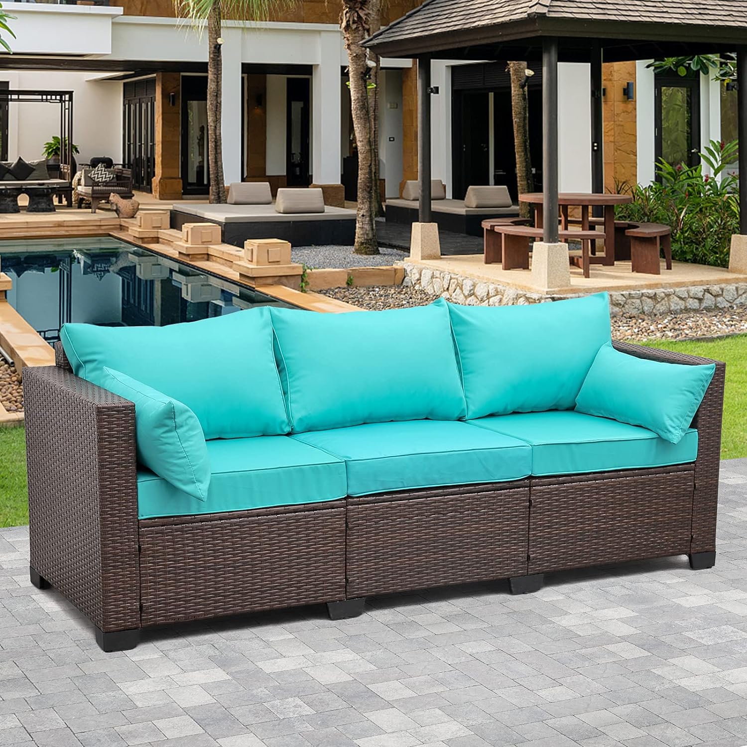 WAROOM Patio Couch PE Wicker 3-Seat Outdoor Brown Rattan Sofa Deep Seating Furniture with Non-Slip Beige Cushion(Brown+turquoise)