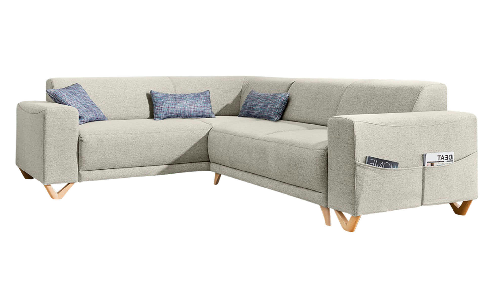 BELLA - Canapé panoramique 6 places angle gauche en tissu beige