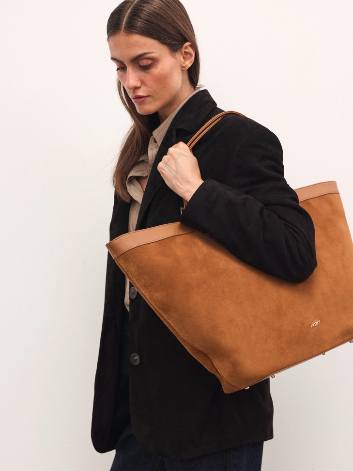 Suede light brown trapeze handbag