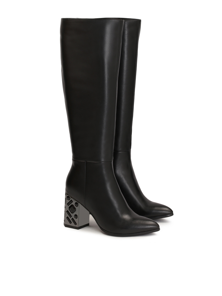 Black leather boots on a metal heel decorated with crystals