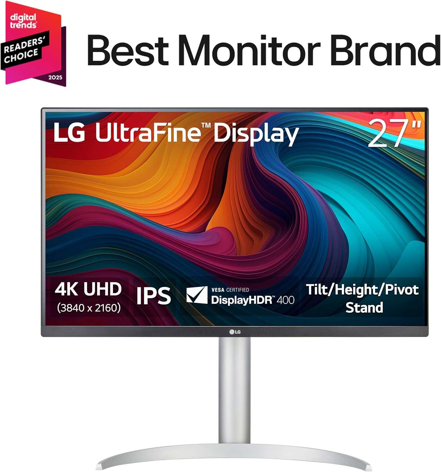 LG 27UP650K-W 27-inch Ultrafine 4K UHD (3840 x 2160) IPS Computer Monitor  60Hz  5ms  DisplayHDR 400  Reader Mode  Flicker Safe  HDMI  DisplayPort  Tilt/Height/Pivot Adjustable Stand  White