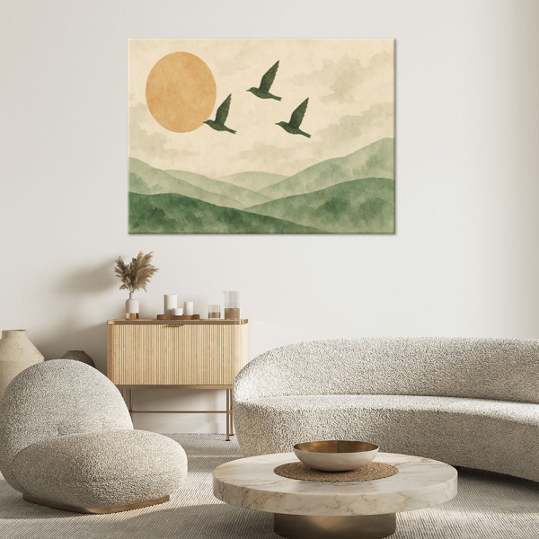 Feeby Obraz do sypialni, Ptaki Góry Akwarela Zielony Beżowy 60x40
