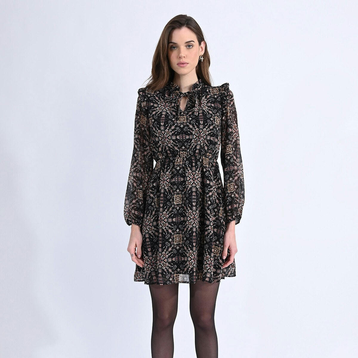 Robe  manches longues imprimée col à nouer