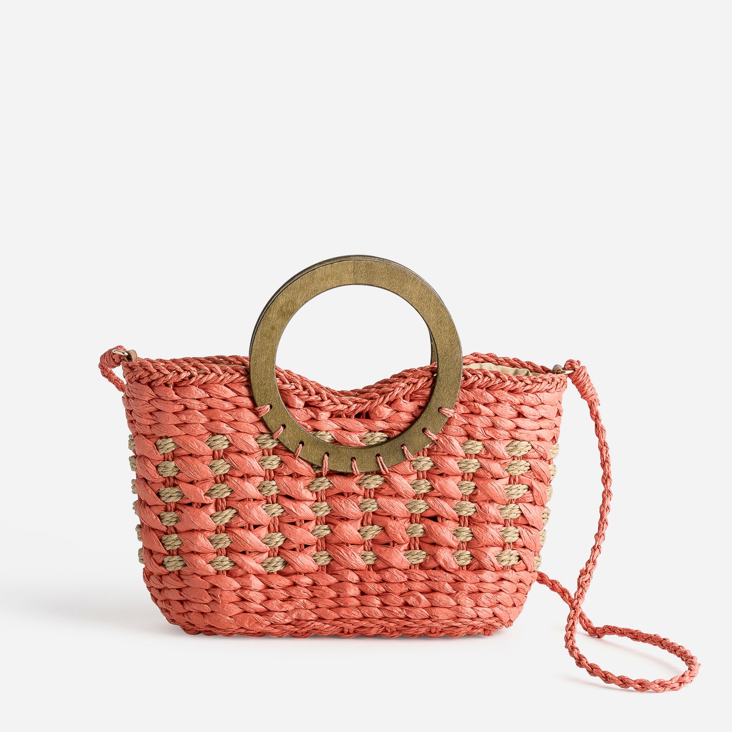 Panier TEXTO orange paille papier anse effet bois