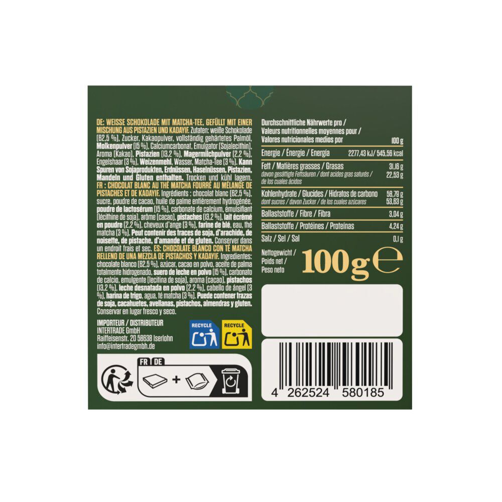 Tablette de chocolat blanc matcha Dubaï 100g