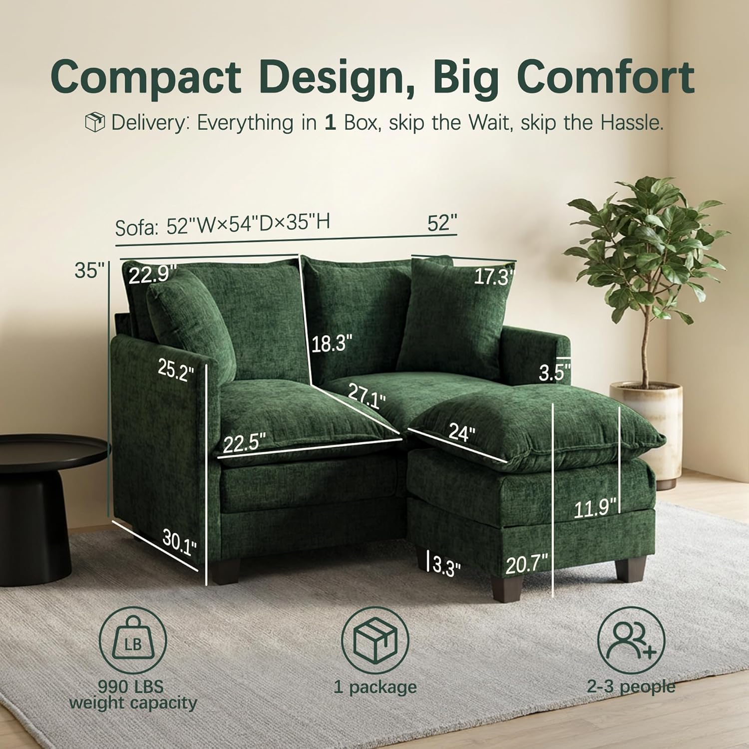 52 Loveseat Sofa, L-Shaped Cloud Couch with Ottoman, Comfy Chenille Love Seat with 2 Pillows, Small Loveseat for Small Spaces, Living Room, Bedroom,Apartment and Office, Green