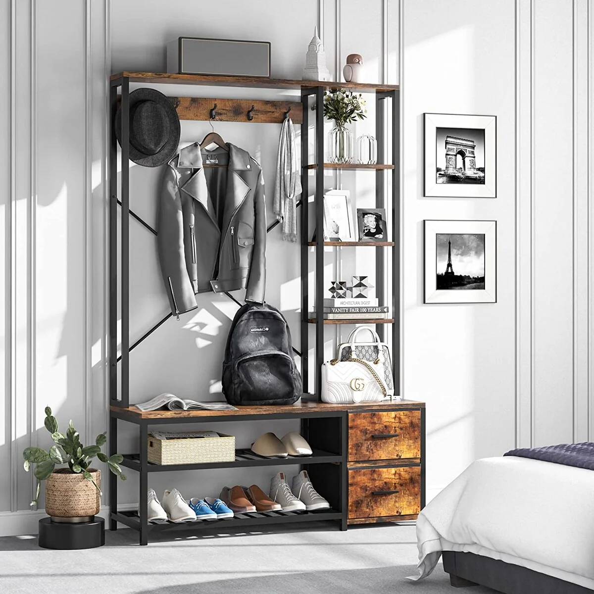 Coat Rack Shoe Bench with Drawers, 4 in 1 Hall Tree - 47.24”L * 15.75”W * 70.87“H