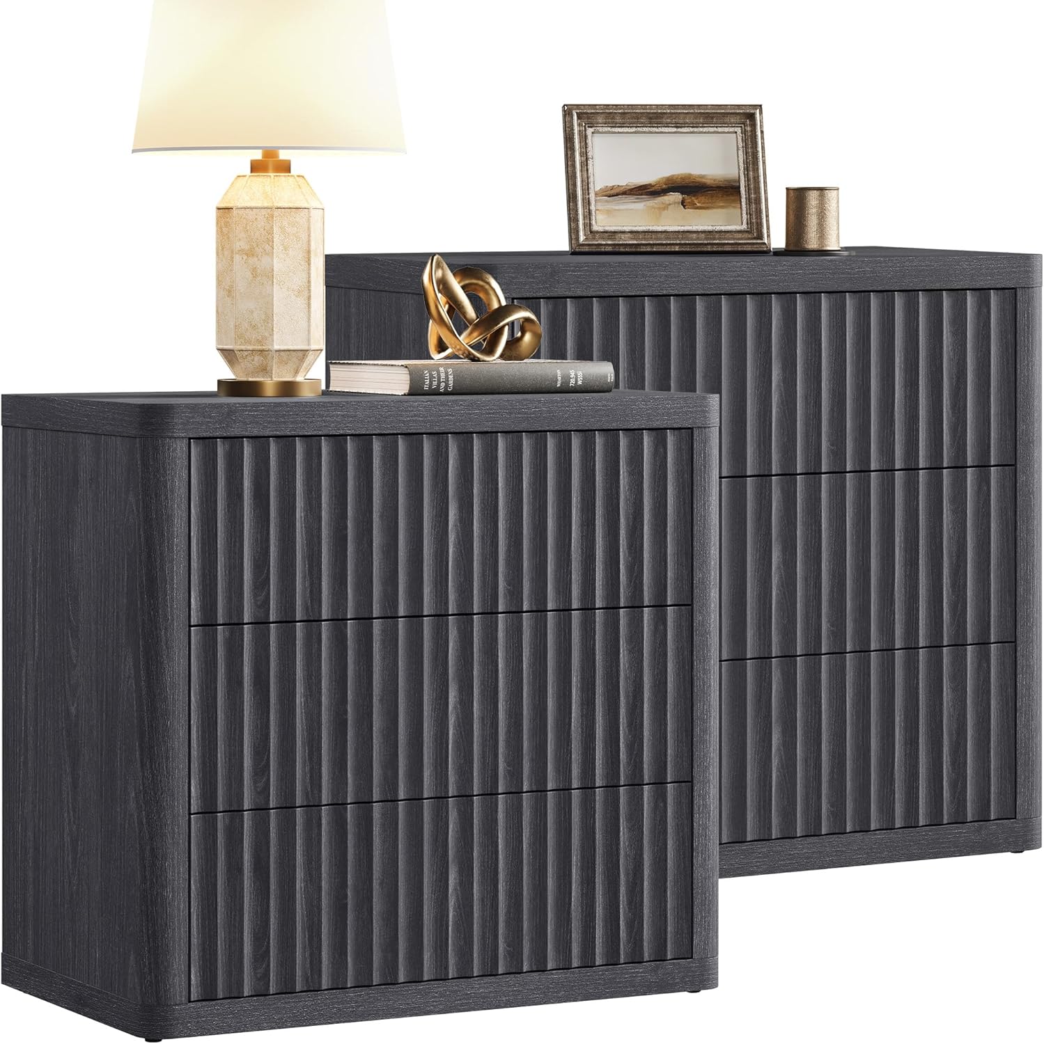 SICOTAS Night Stand Set 2 - Oversized Extra Large Bedside Table Modern Side Table with Storage Fluted 3 Drawer Nightstand 27.5 W End Tables Dorm Room Nightstands for Bedroom Sofa Couch Home Office