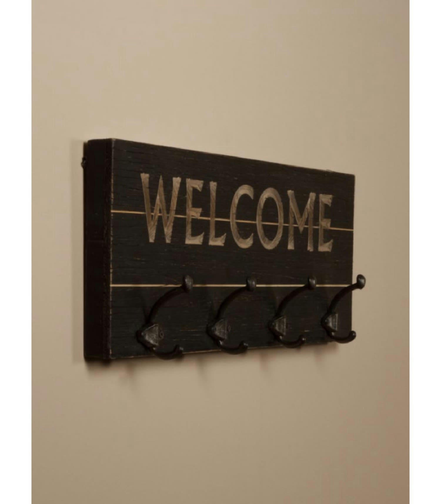 WELCOME - Portemanteau mural bois noir 4 accroches L61cm