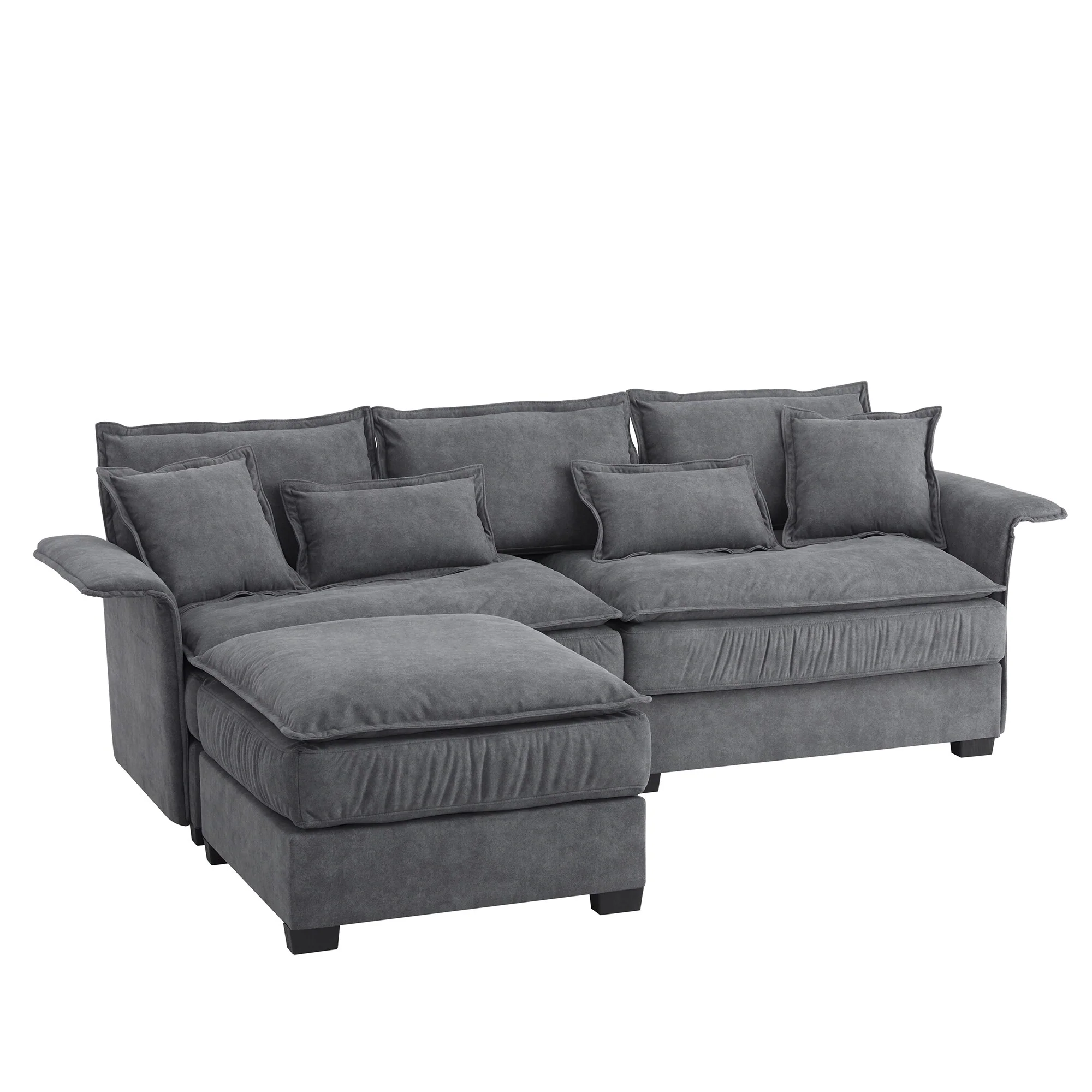 Modern L Shaped Sectional Sofa with Solid Wood Armrests and Convertible Ottoman for Small Living Spaces or Offices