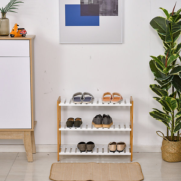 Meuble à chaussures range-chaussures 3 niveaux MDF bambou blanc naturel