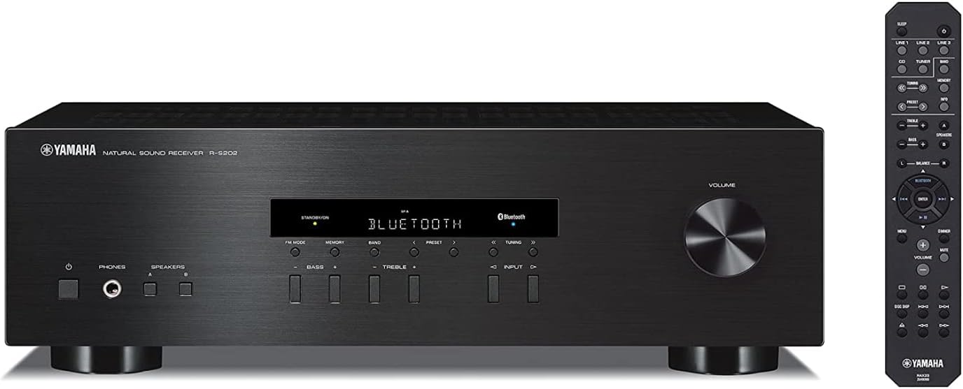 Yamaha Audio 2021 Yamaha R-S202 Stereo Receiver with Built-In Bluetooth Connectivity, Up to 100W Per Channel at 8 Ohms, 4 x RCA-In, 1 x RCA-Out, Front Panel 1/4'' Headphone Output (Black) (Renewed)