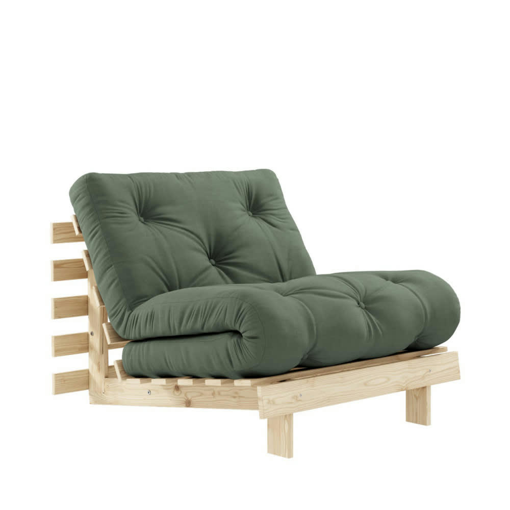 ROOTS - Fauteuil convertible 90x200cm en bois naturel et tissu vert olive