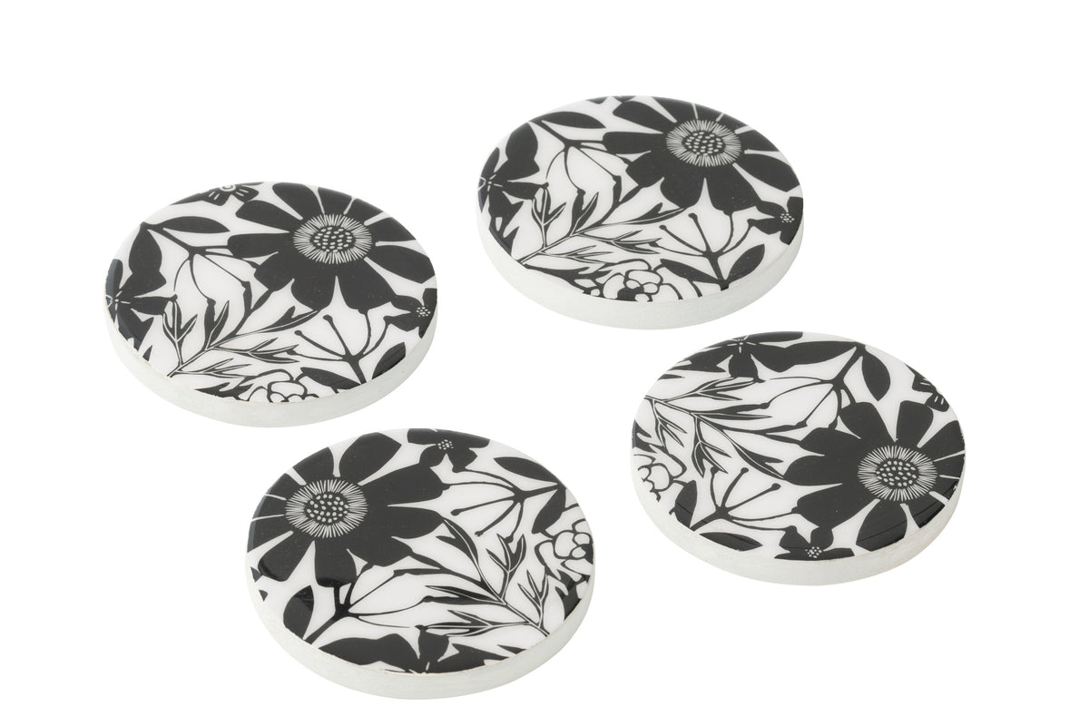 J-Line onderzetter Bloemen - hout - zwart/wit - set van 4
