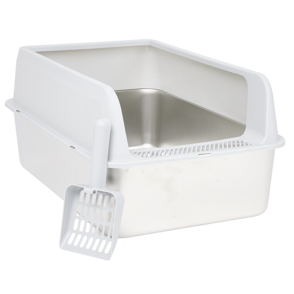 Bac à litière inox et plastique 60x40x28cm blanc et gris