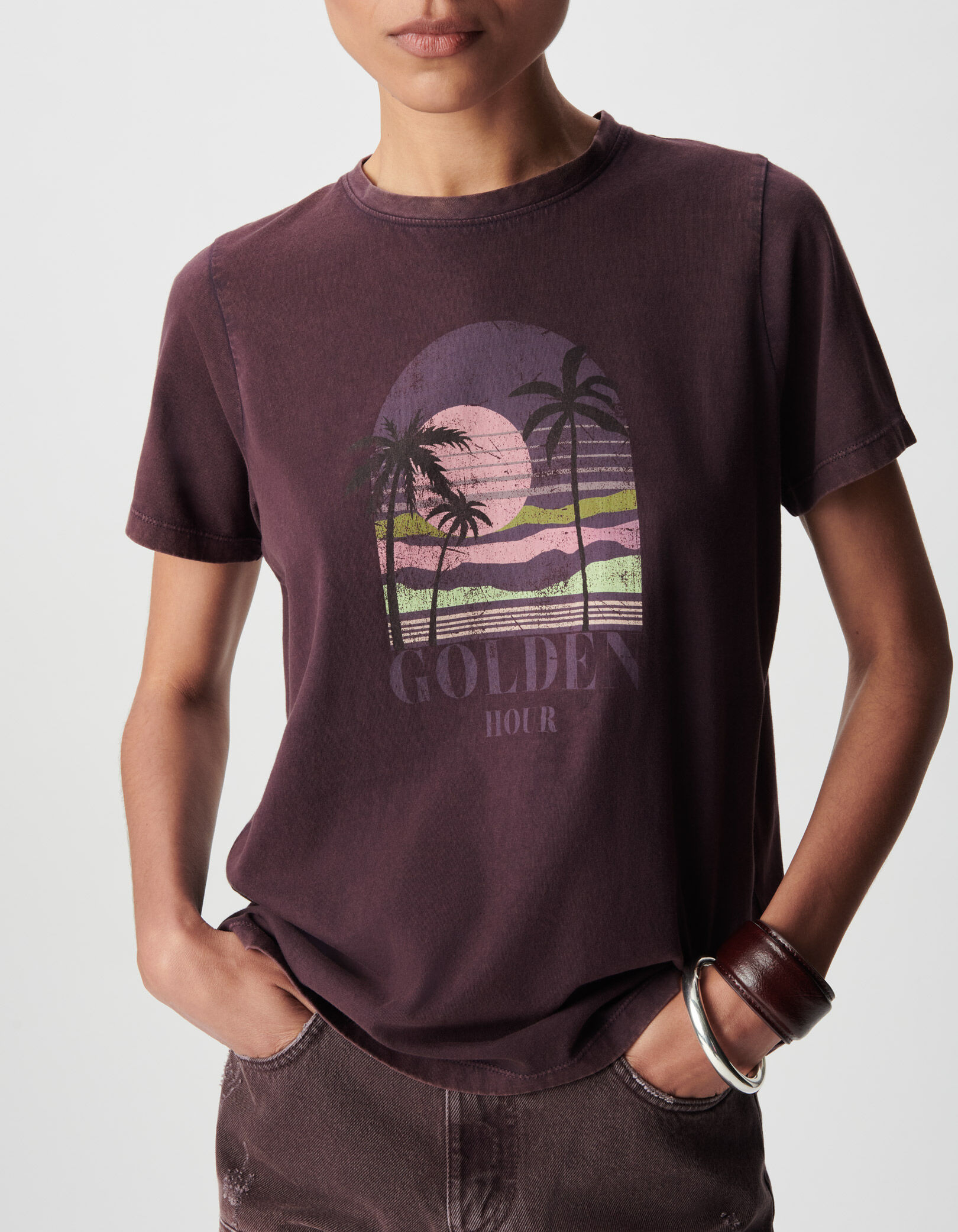 Tee-shirt col V magnum coton bio visuel palmiers Femme