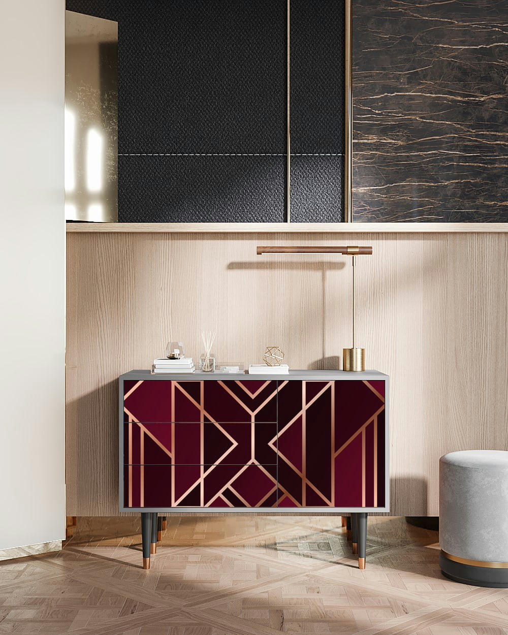 BURGUNDY JEWELERY - Buffet  bordeaux 3 tiroirs et 1 porte L 115 cm