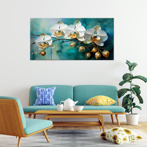 Feeby Obraz na płótnie, Biale Orchidee na turkusowym tle 80x40