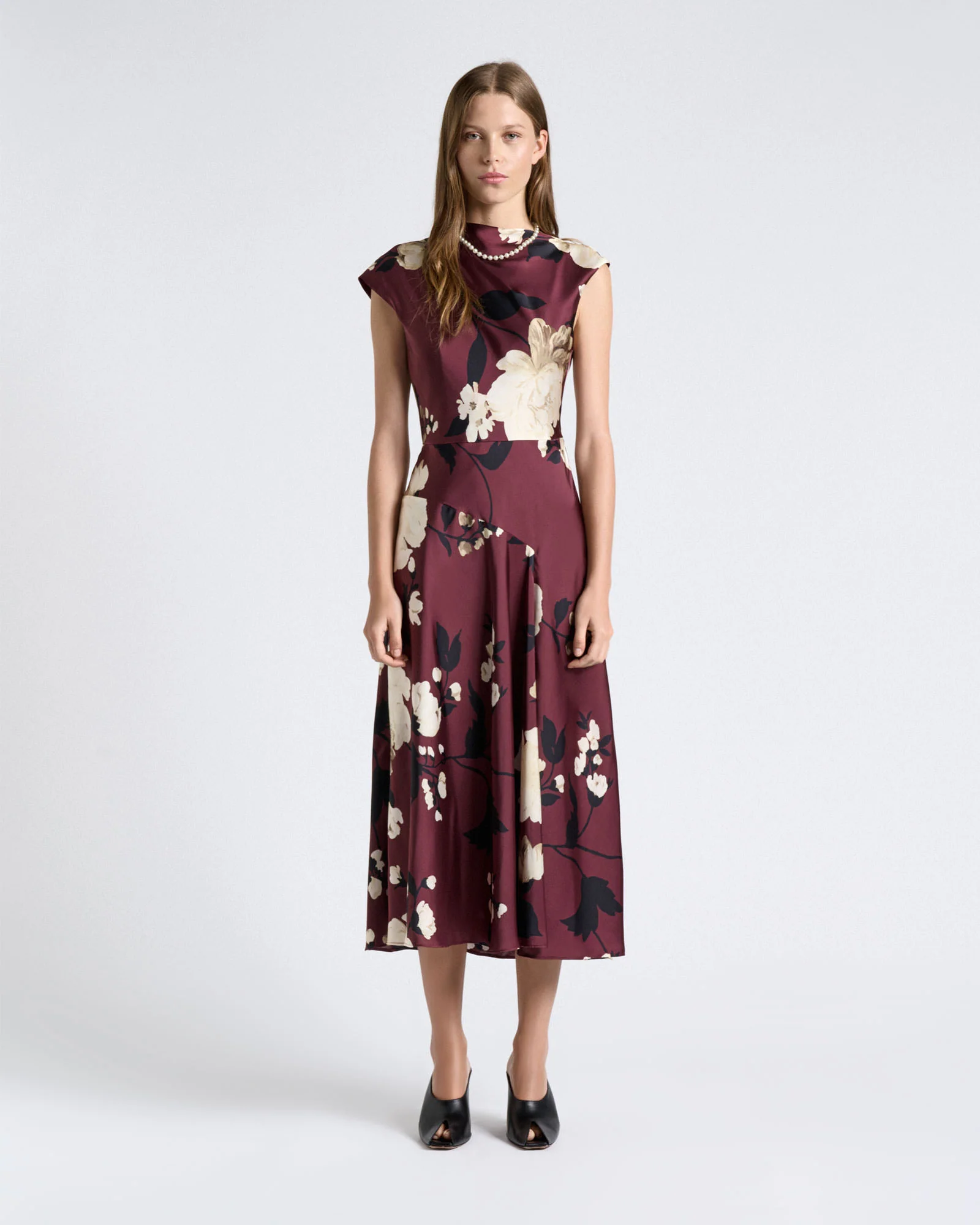 Maroon Peony Draped Midi Dress