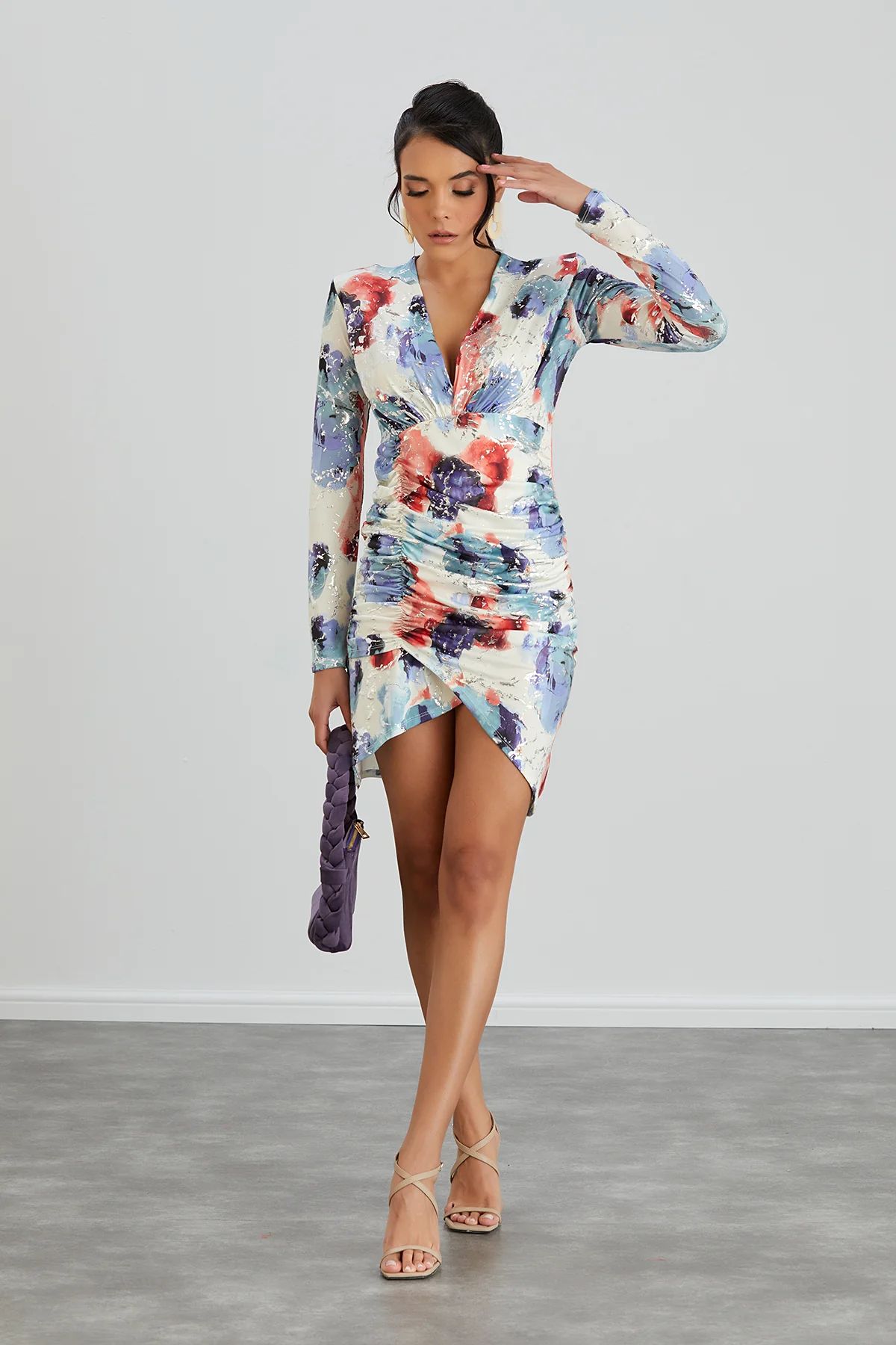 Belissh Silk Blue Long Sleeve Mini Dress