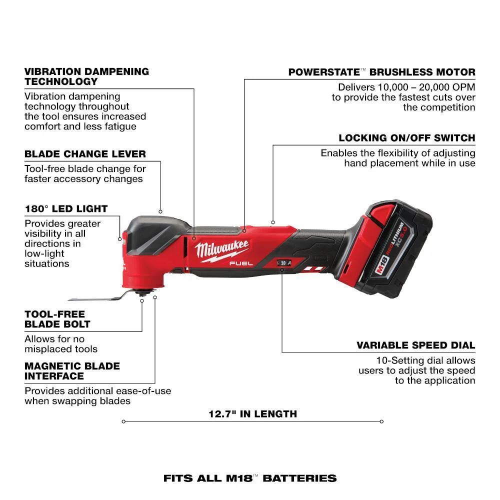 2836-21 M18 FUEL 18V Lithium-Ion Cordless Brushless Oscillating Multi-Tool Kit with one 5.0 Ah Battery, Charger and Tool Bag
