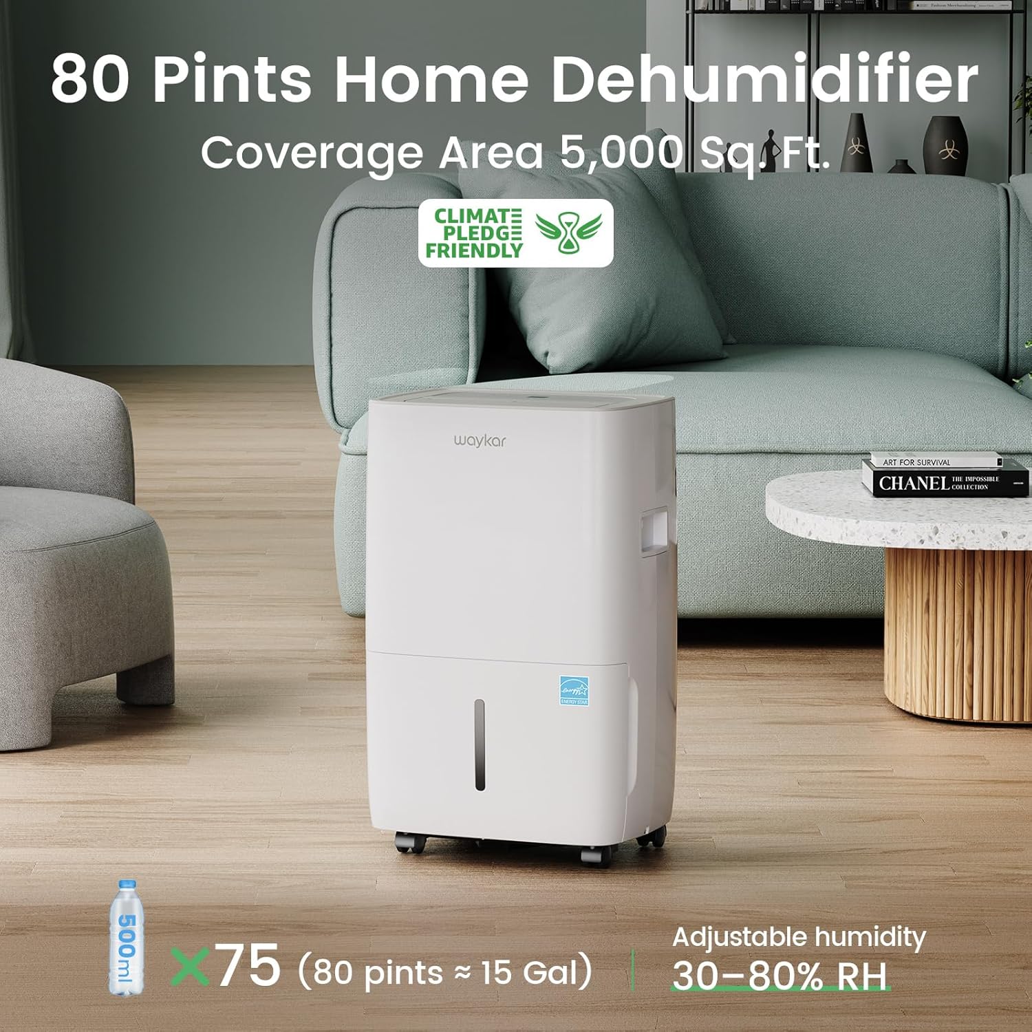 Waykar 80 Pints 2025 Energy Star Dehumidifier for Spaces up to 5,000 Sq. Ft for Basement and Home, Large Room with Drain Hose and 1.14 Gallons Water Tank