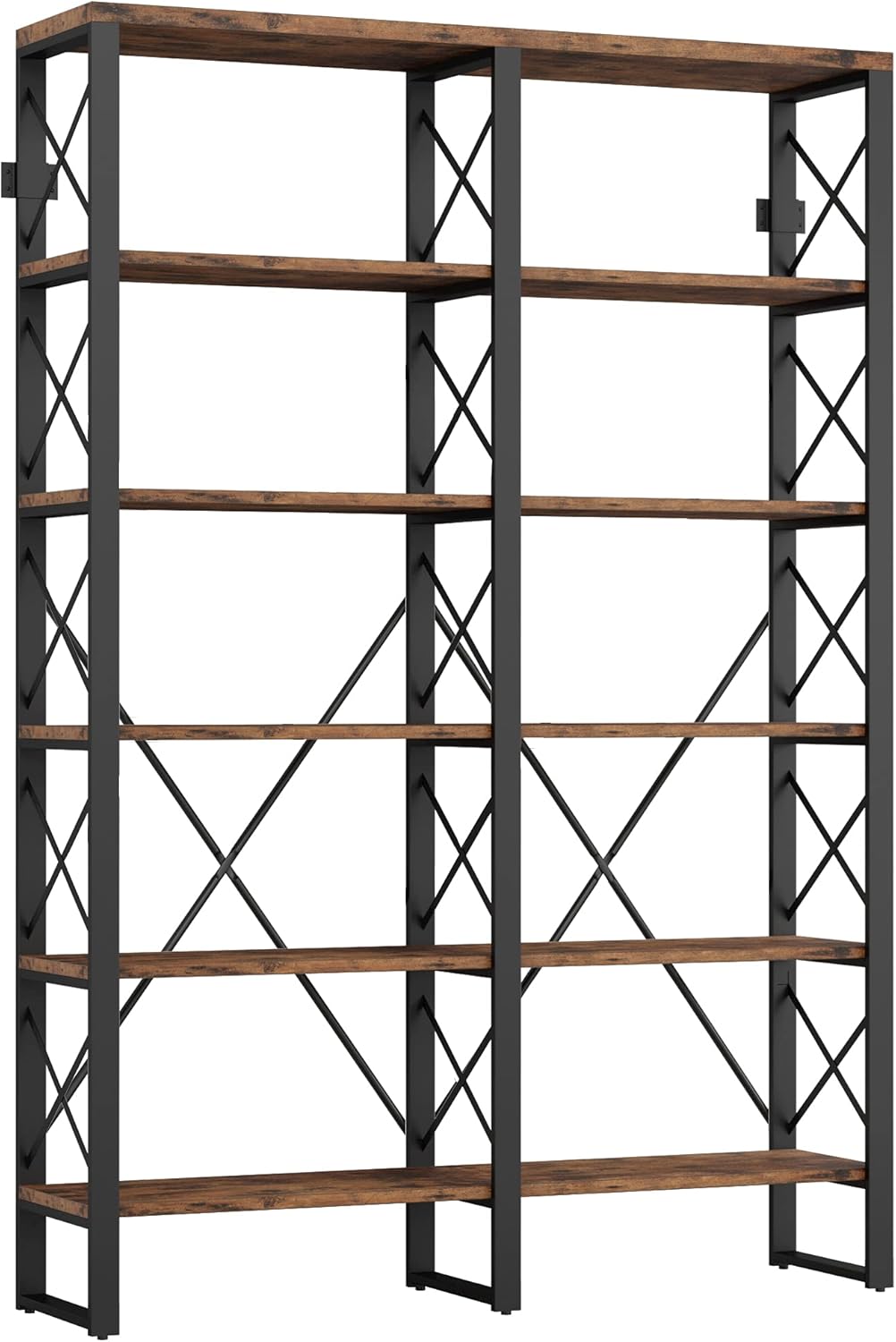 IRONCK Bookshelf Double Wide 6-Tier 76 H, Open Large Bookcase, Industrial Style Shelves, Wood and Metal Bookshelves for Home Office, Easy Assembly