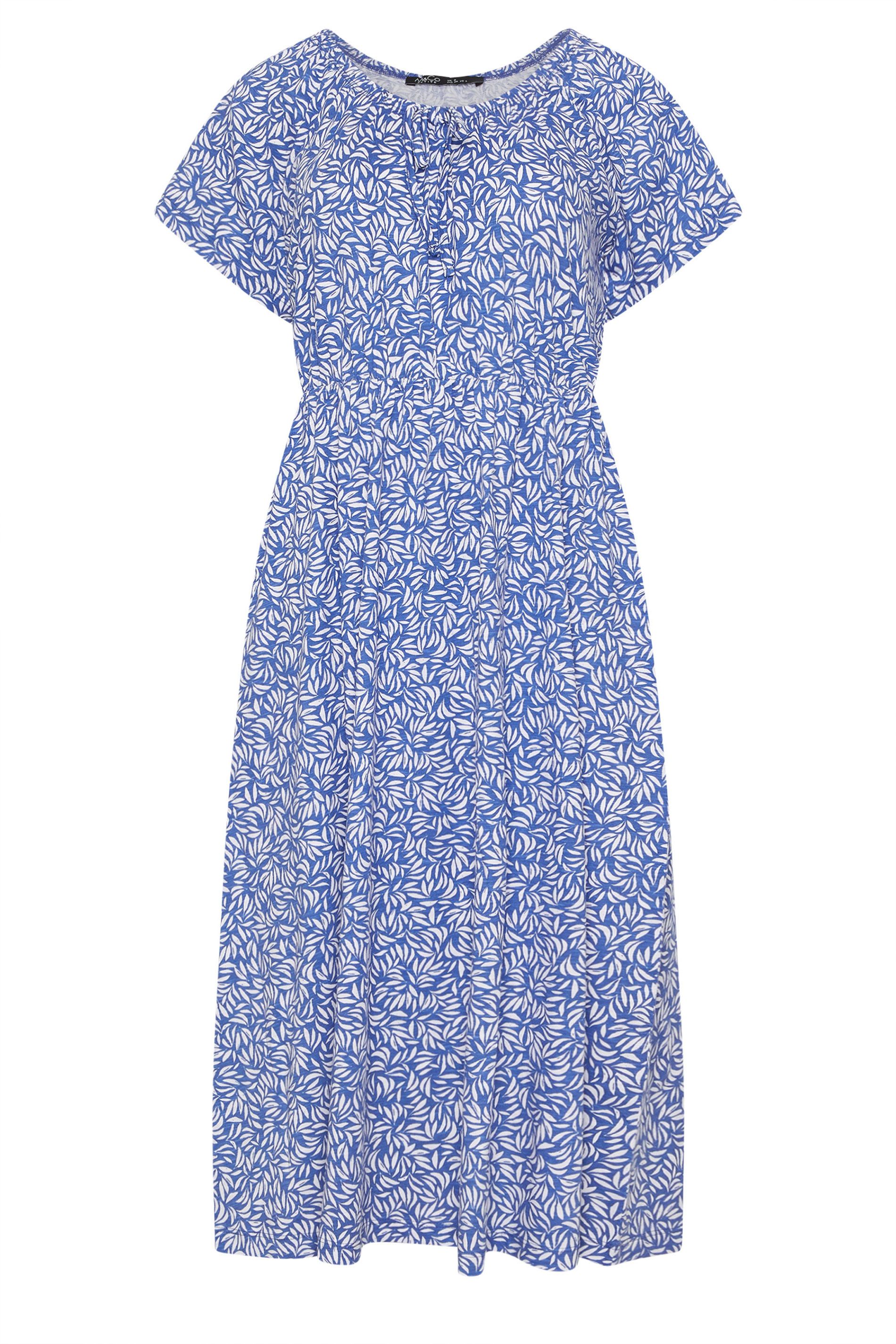 M&Co Petite Leaf Print Tie Neck Cotton Midi Dress