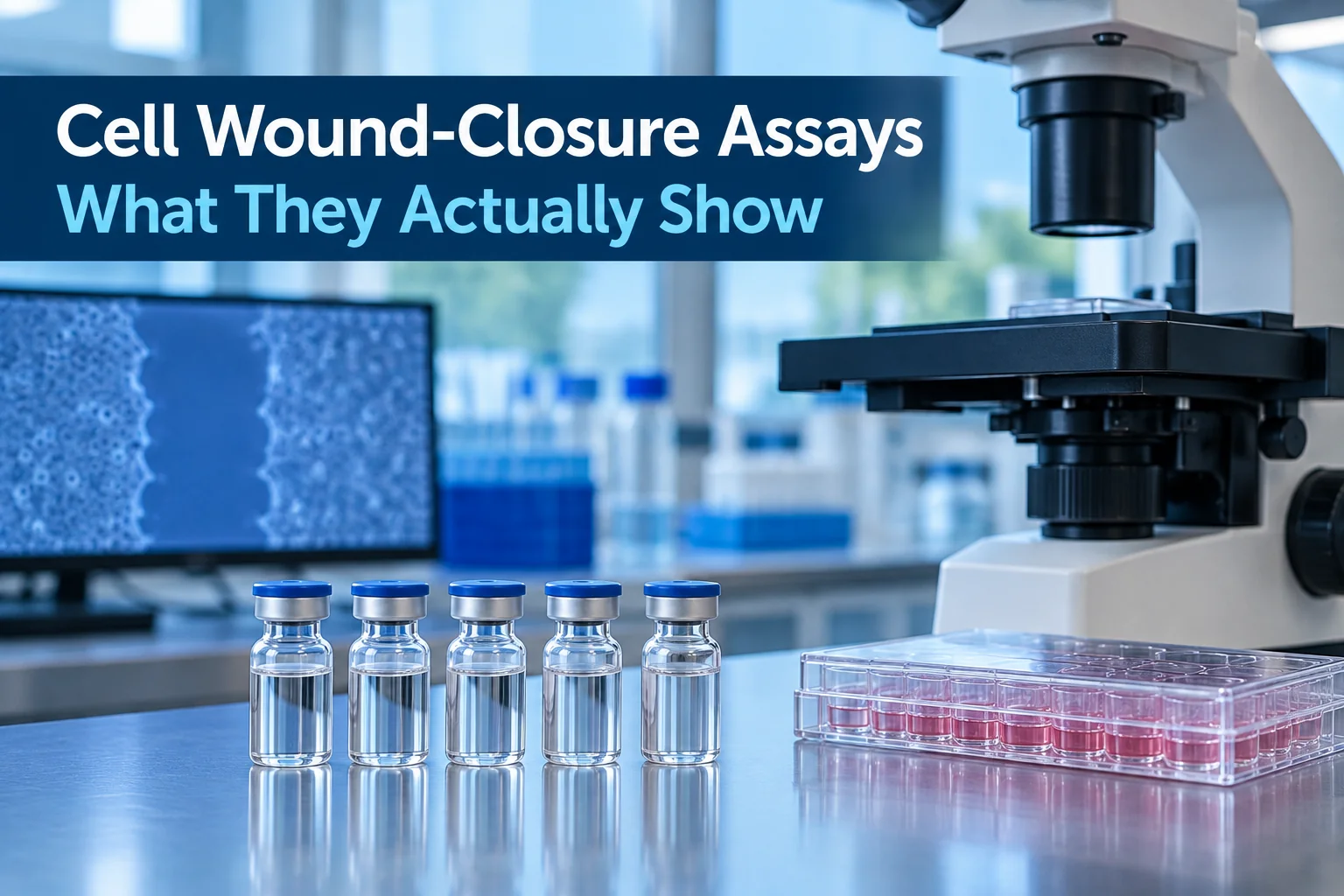 Laboratory image with multiple peptide vials, an inverted microscope, a culture plate, and concise wound-closure assay text.