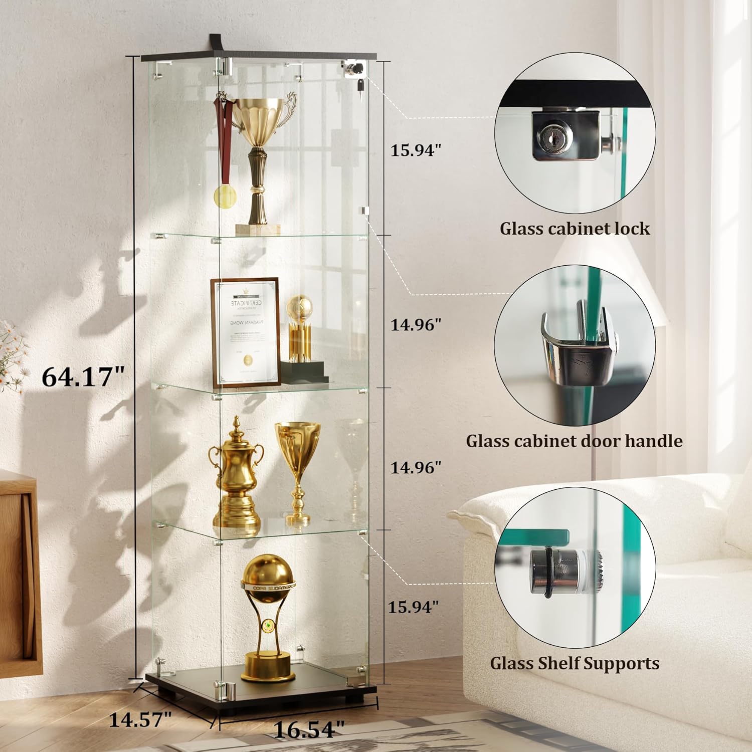 VooBang 4-Tier Glass Display Cabinet with Lock, Clear Curio Cabinet with Single Glass Doors, for Collectibles, Figures, Trophy, Perfume, Toys, Wine, Lockable Glass Display Case for Home Office, Black
