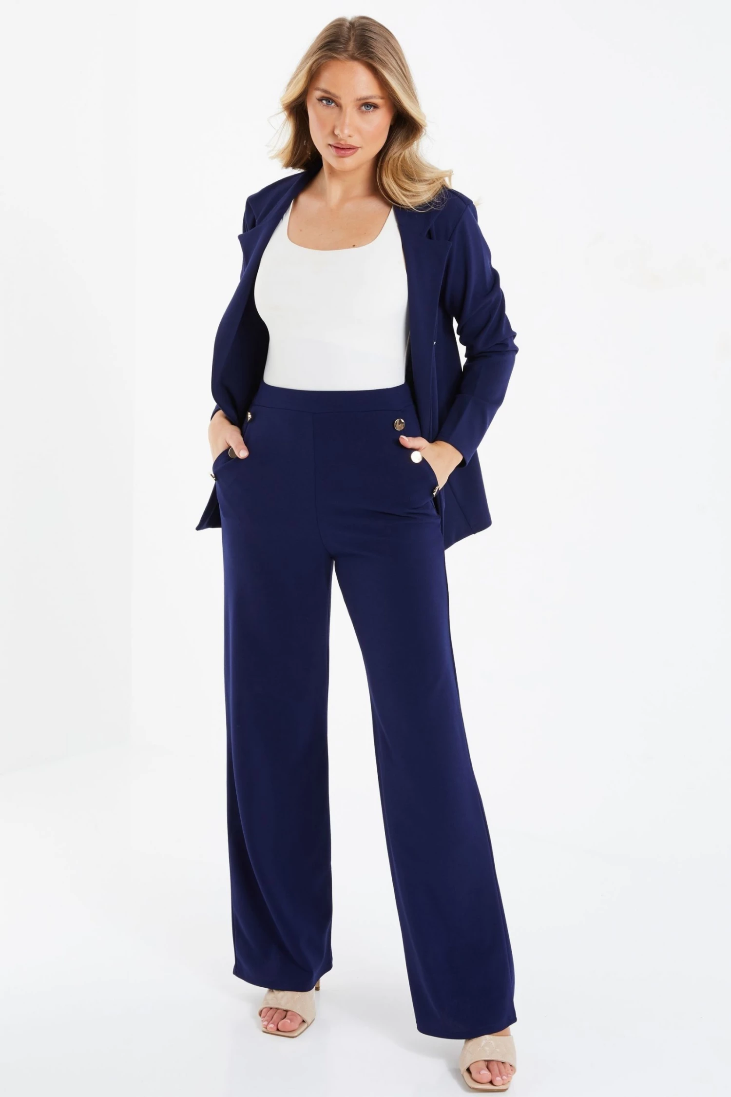 Quiz Navy Blue High Waist Palazzo Trousers
