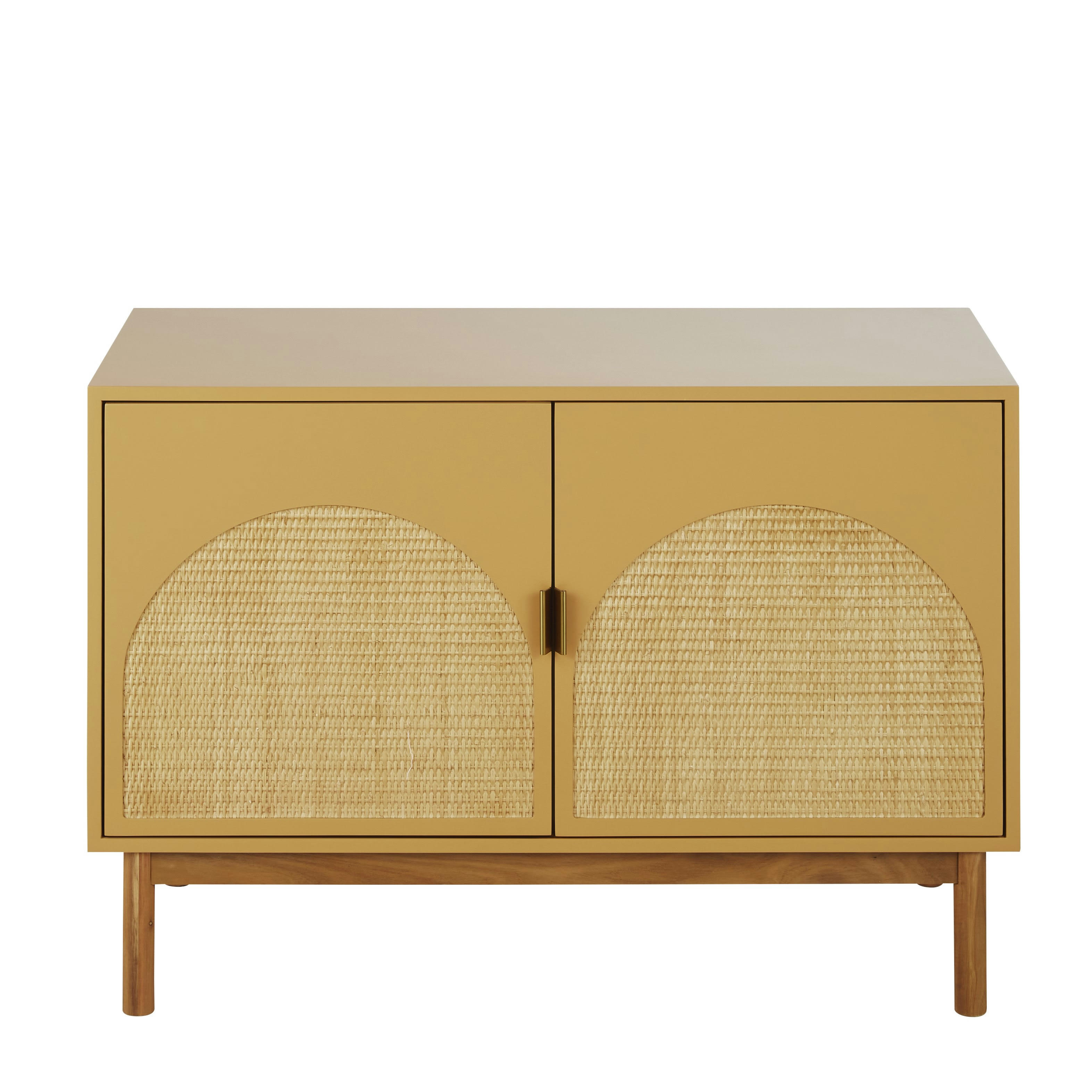 Tarifa - Buffet vintage 2 portes jaune ocre et rotin tressé