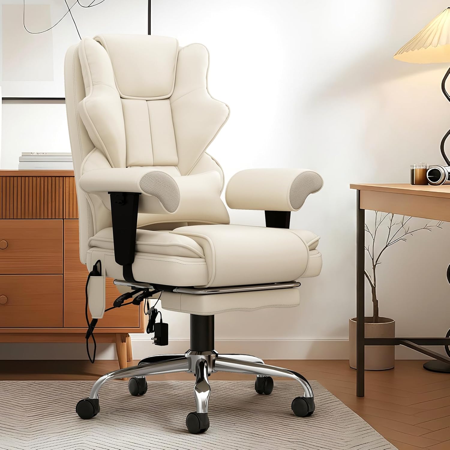 7-Point Massage Office Chair,Heated Manageral Chair,Ergonomic Executive Chair with Footrest,Adjustable Armrest，Computer Chair for Offices, Study Areas, Gaming Spaces,Beige