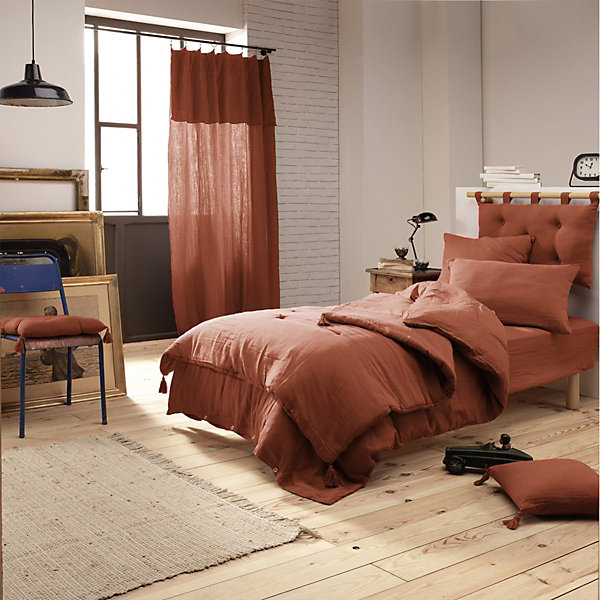 OUREA - Couvre-pied 150x150cm Capitonné Gaze de Coton Terracotta