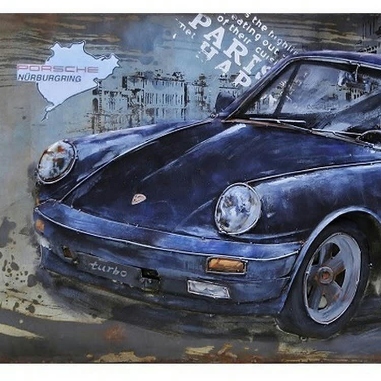 MÉTAL BRASS - Tableau relief en métal porsche bleue 120x60