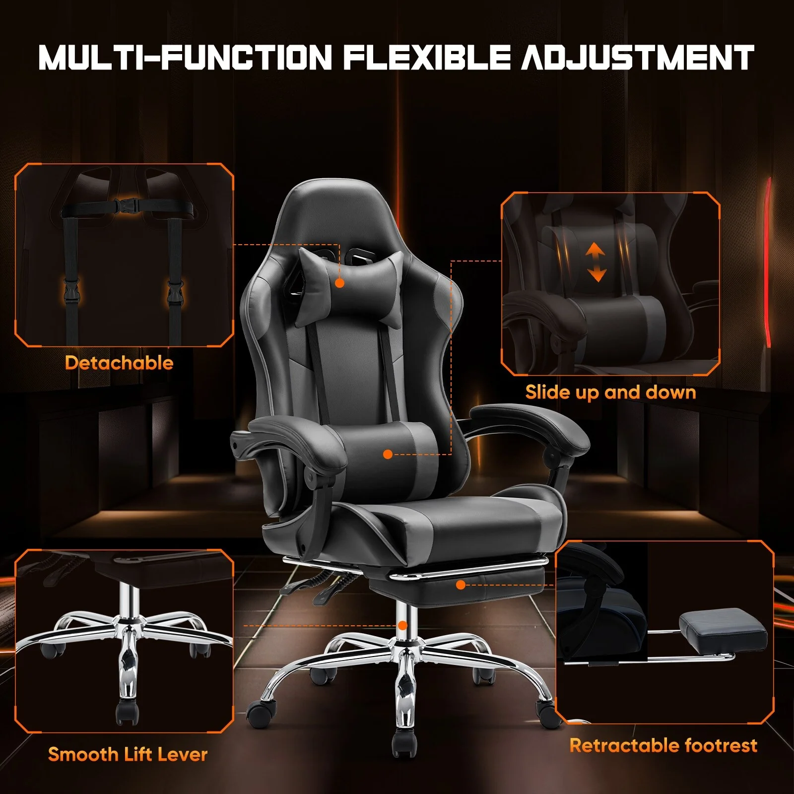 Black+ Gray Ergonomic PU Leather 360° Swivel Gaming Recliner with Footrest, Headrest, Lumbar Support, Adjustable Height