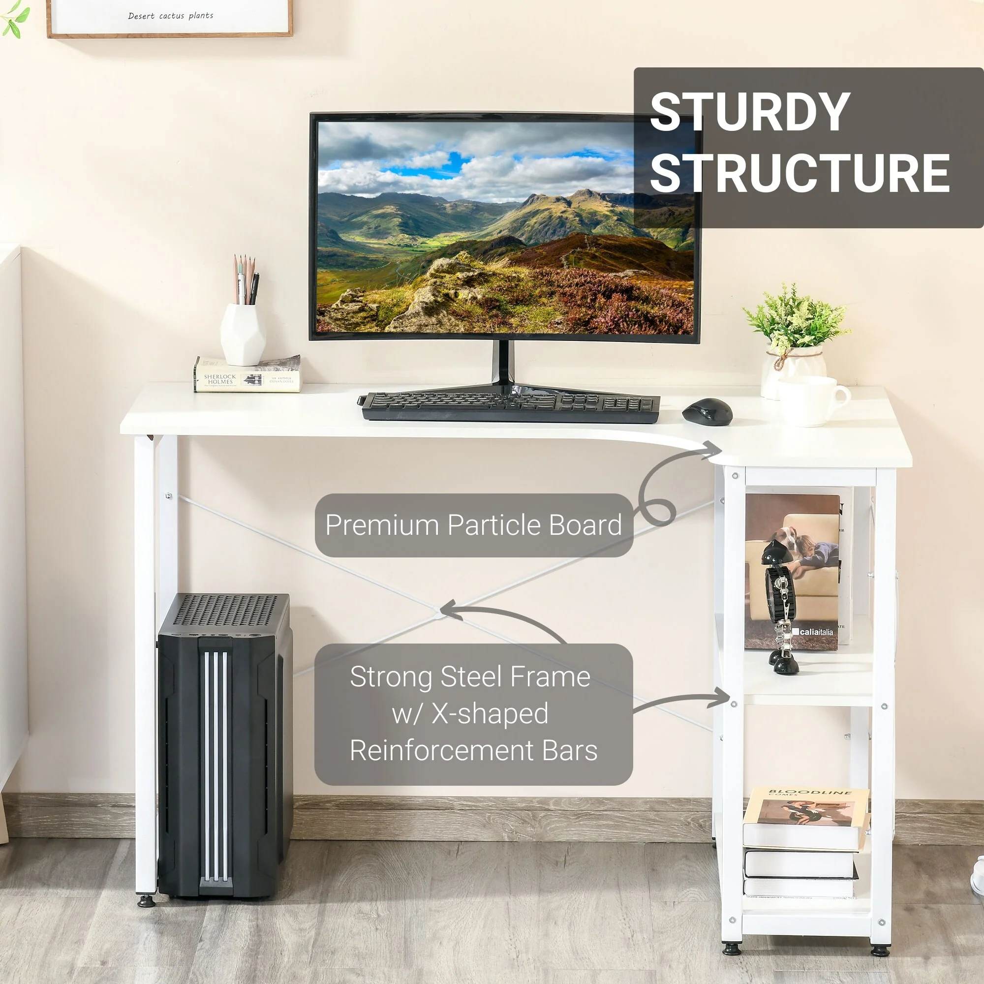 Space-Saving L-Shaped Desk with 2 Shelves and Steel Frame, Corner Desk for Office or Study
