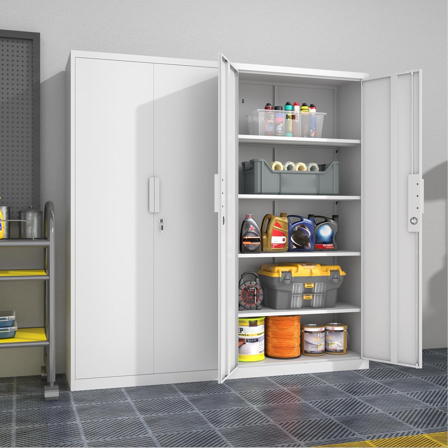 Metal Garage Storage Cabinet with Lock, 71 Tall Steel Storage Locker with 4 Adjustable Shelves, Heavy Duty Metal Cabinet for Garage, Office, Home, 31.5”W × 16.5”D, White
