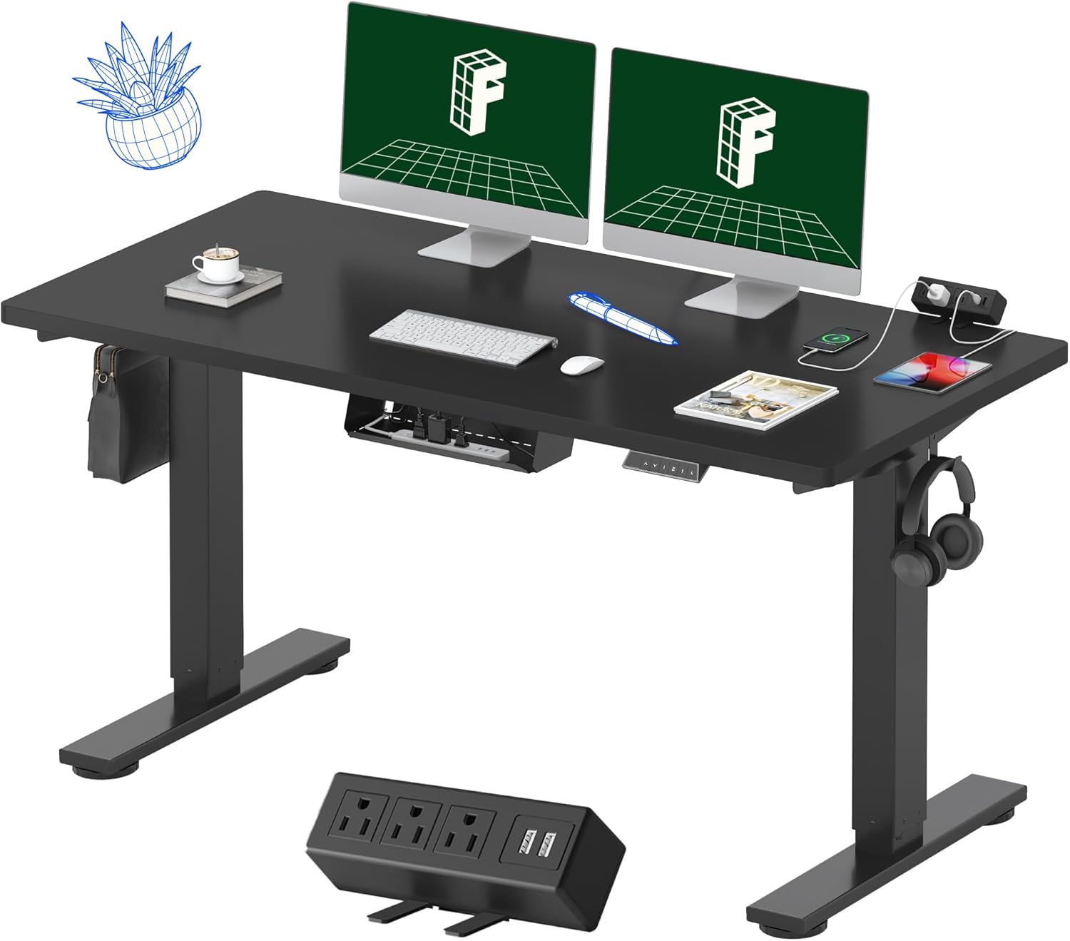 FLEXISPOT EN2 Whole-Piece Standing Desk with Clamp Power Strip, 55 x 28” Electric Stand Up Height Adjustable Desk with Cable Management (Black Frame + 55 Black Top, 2 Packages)