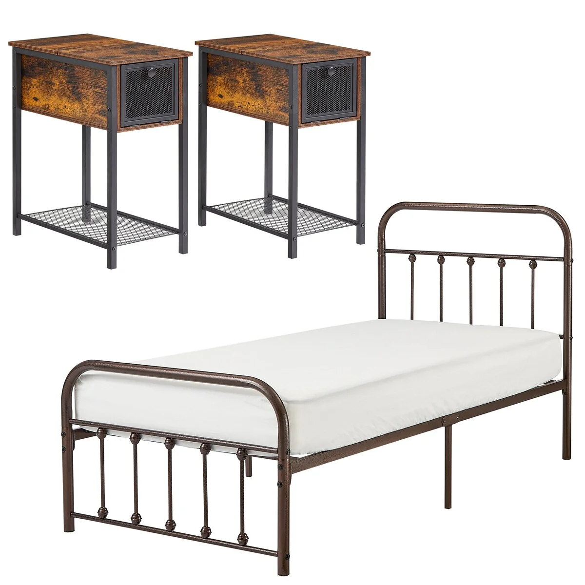 Bedroom Set of 3 Queen Size Platform Bed Frame and Modern Nightstands Set of 2
