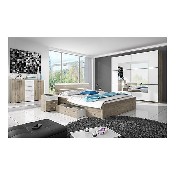 Lit adulte 160x200 avec tiroirs intégrés - Collection EOS. Coloris chene clair et blanc