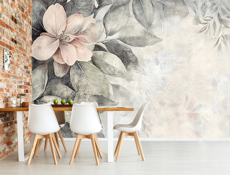 Fototapeta Liście Vintage Kwiaty Beton Do Sypialni Salonu Tapeta 250X175