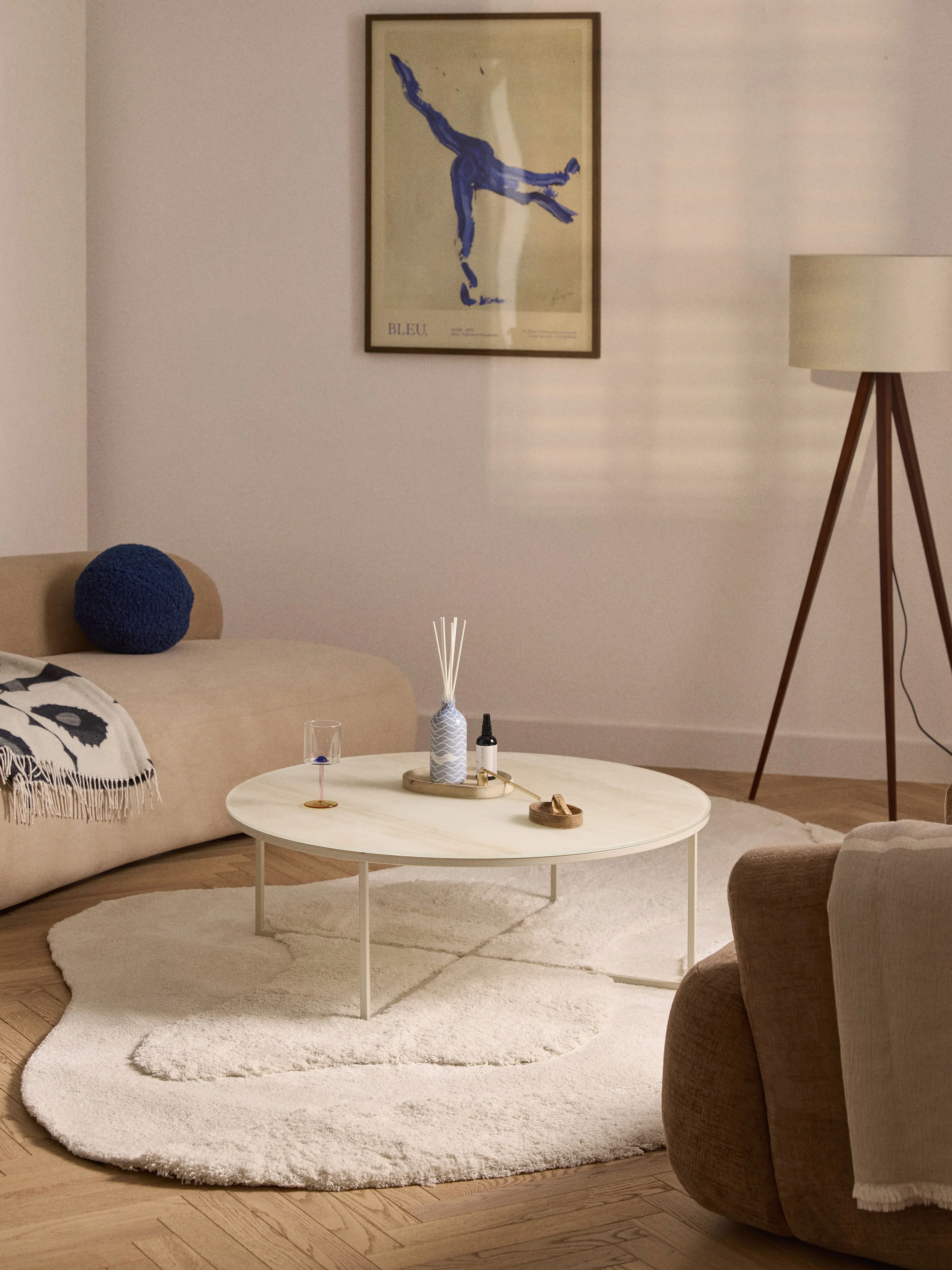 Runder XL-Couchtisch Antigua mit Glasplatte in Marmor-Optik