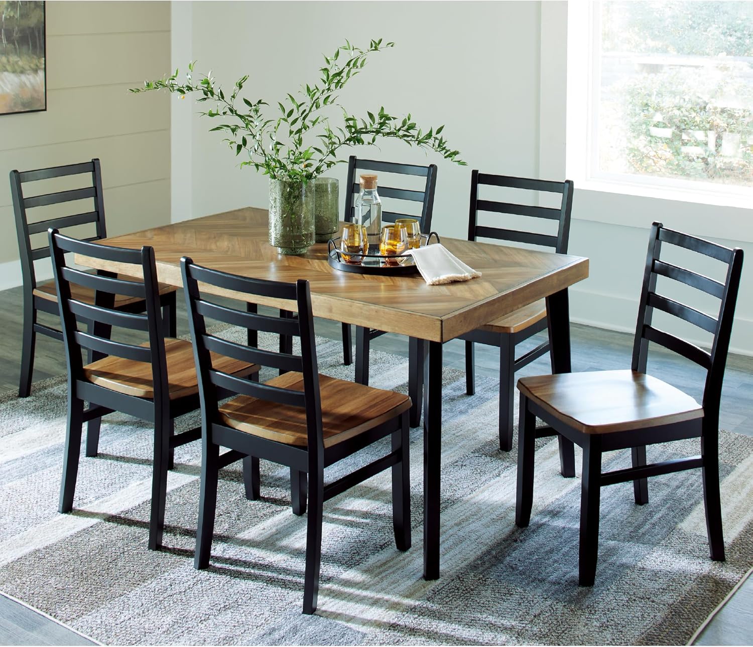 Signature Design by Ashley Blondon Rectangular Dining Room Table Set with 6 Chairs, Chevron Pattern, Tapered Legs, Seats 6, Wood, 60 Long, Brown & Black