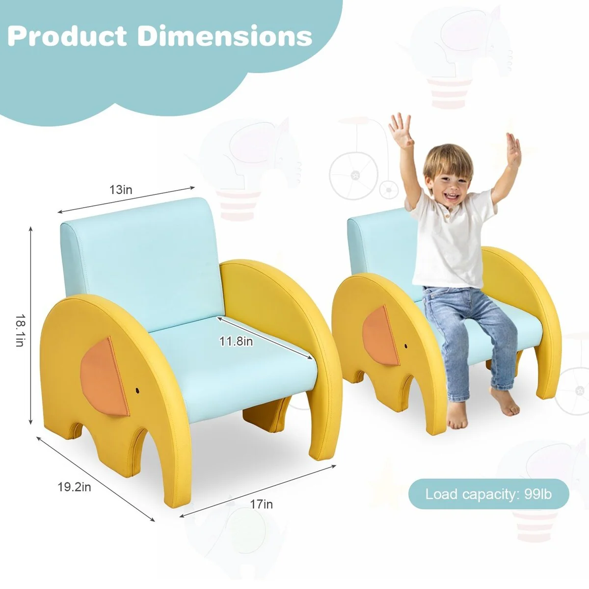 Kids Sofa Toddler Couch, Child Armchair with Cute Design for Play Room, Nursery, Gift for 3-5 Years Old