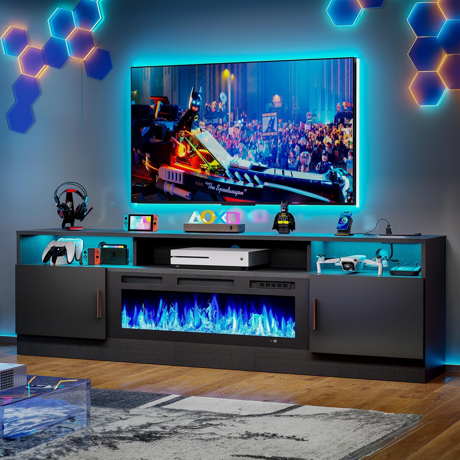 MXV 70 Fireplace TV Stand with Power Outlet for TVs UP to 80, Electric Fireplace Entertainment Center with LED Lights & Storage Cabinets, TV Console for Living Room, Office, Black-Black