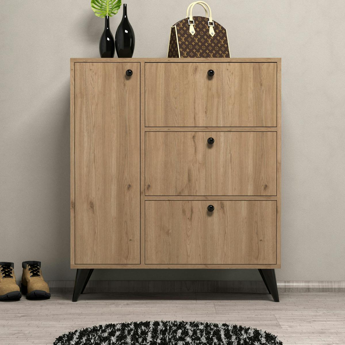 Meuble à chaussures décor bois 4 portes pieds obliques UMEA