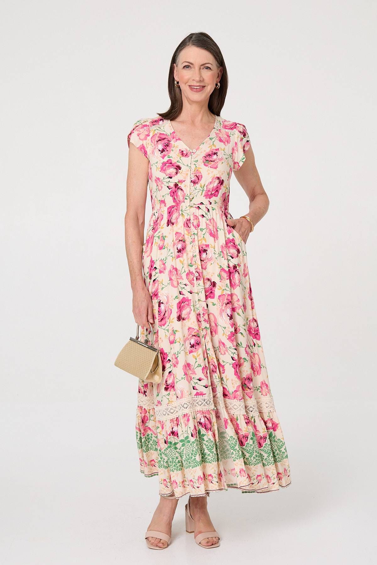 Izabel London Floral Lace Trim Relaxed Maxi Dress