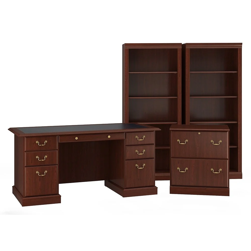 Bush Furniture Saratoga Executive Desk, Lateral File Cabinet and Two 5 Shelf Bookcases in Harvest Cherry