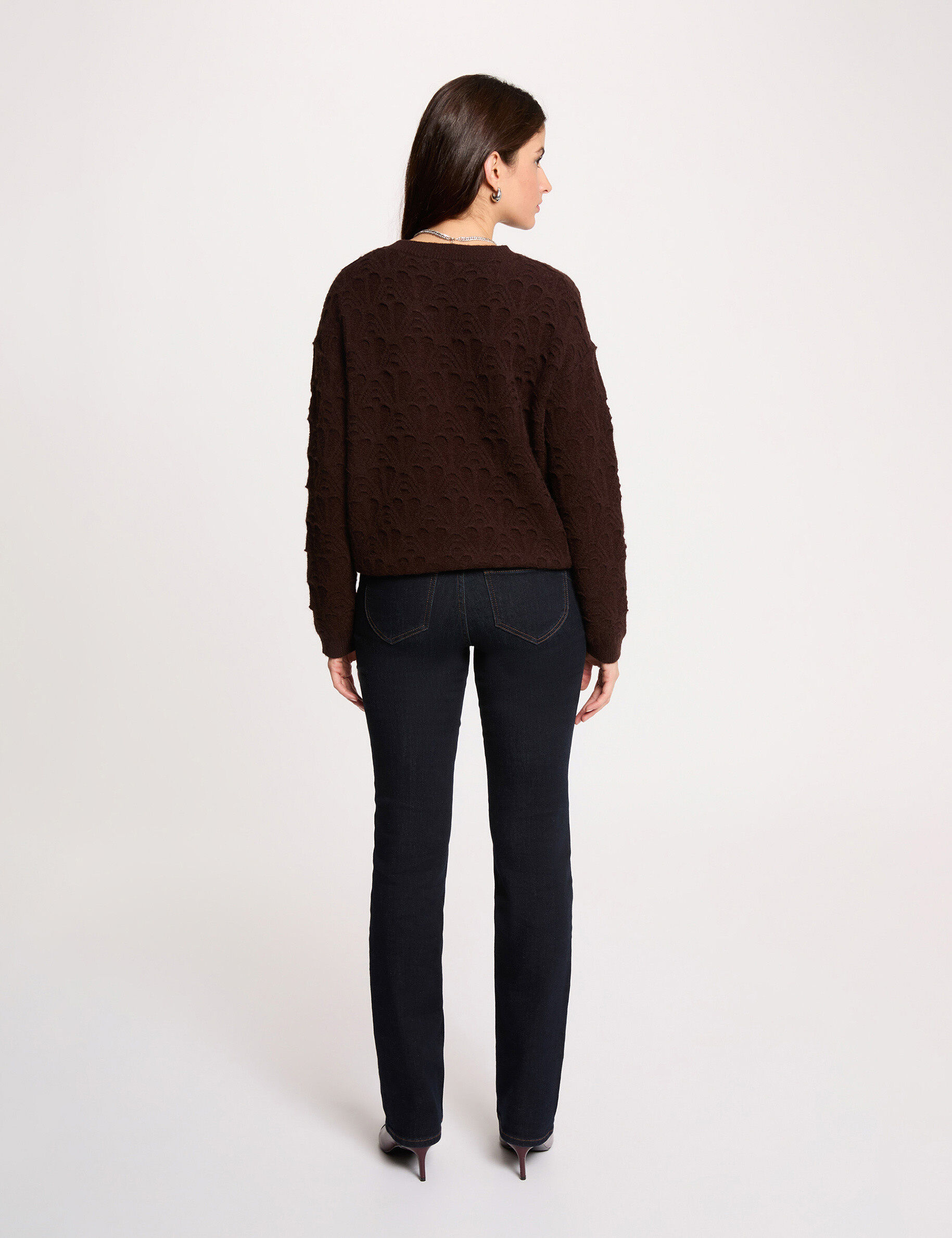 Patterned Round-Neck Sweater Dark Brown Women